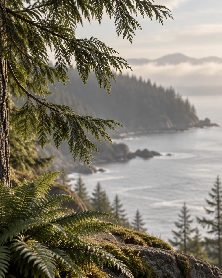 Evergreen branches overlooking a misty Pacific Northwest coast